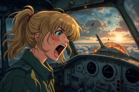 Anime style illustration. World War II bomber pilot screaming inside her cockpit, Her blonde hair is tied back, and sweat runs down her forehead. The cockpit has mechanical parts exposed due to the damage it has sustained. Bullet holes are visible in the metal, and flak is exploding nearby. Outside of the cockpit is a stormy sky, with the sun setting and casting a warm glow on the plane <lora:Vintage_Anime_Flux:0.7> <lora:schnell_v1.0:0.8>
