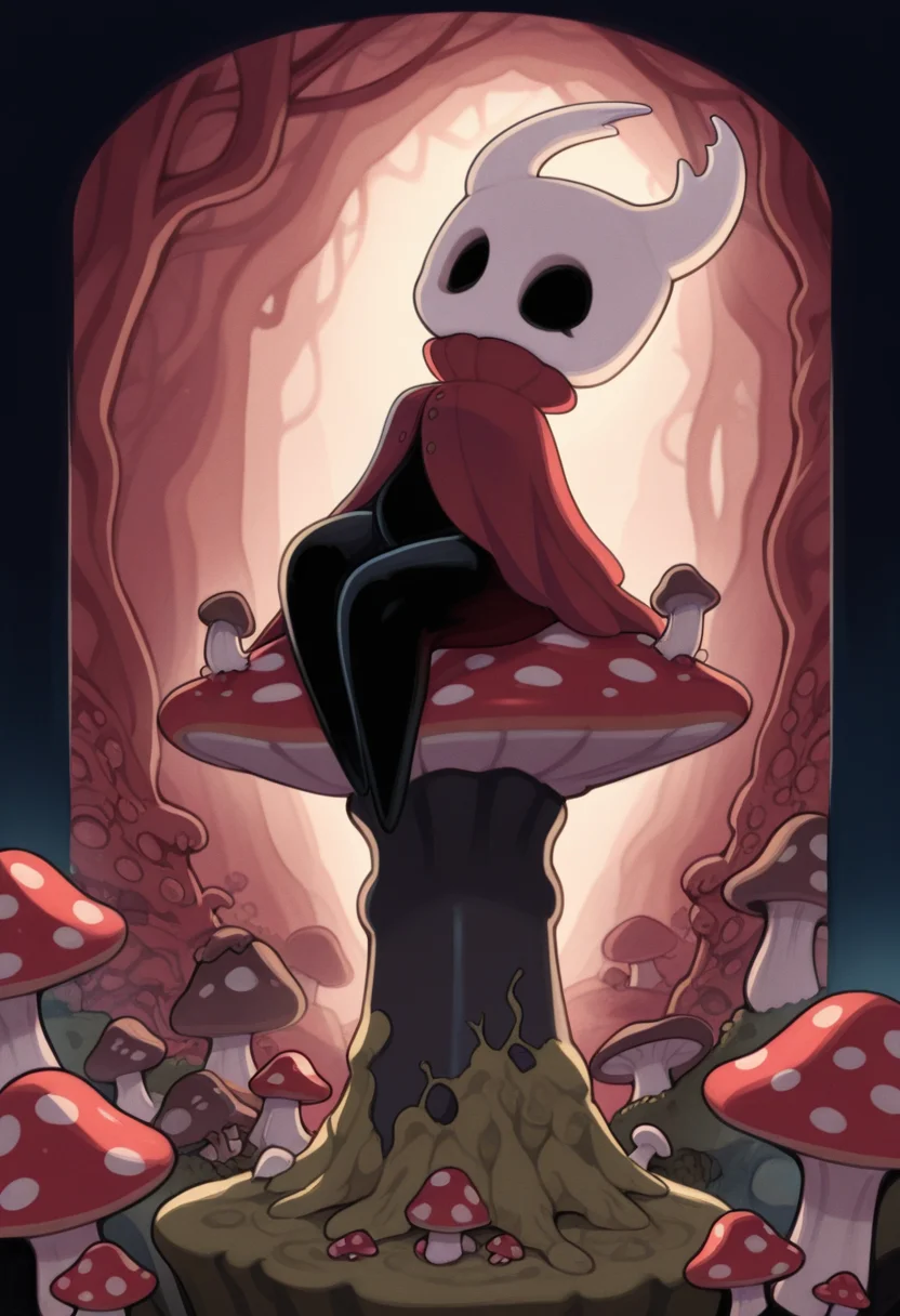 misostyle, masterpiece, best quality, solo, hollow knight, white horns, black body, red attire, perched upon a mushroom, victorian background, backlighting, fungal caves, spores, moss, mushrooms