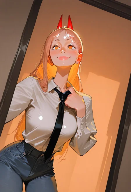 1girl, solo, power \chainsaw man\, long hair, ringed eyes, horns, white collared shirt, black necktie, jeans pants,
looking at viewer, smiling, closed mouth,
hiding, in macabre Cursed, moonlit hilltop,artist:Matsuba10,matumot,kim hyung tae,
dynamic angle, dynamic motion, creepy, horror,fenner, trippy,,absolutely eye-catching,,extremely detailed,, good composition, masterpiece, best quality, very aesthetic, very awa, absurdres, newest,
masterpiece, best quality, amazing quality, very aesthetic, absurdres, newest, , photorealistic,  <lora:incase_new_style_red_ill>, ExpressiveH,  orange lights, orange mood, shiny skin, black bra under clothes, beautiful lips, sexy lips, shiny lips, adjusting neck tie, mad face, crazy