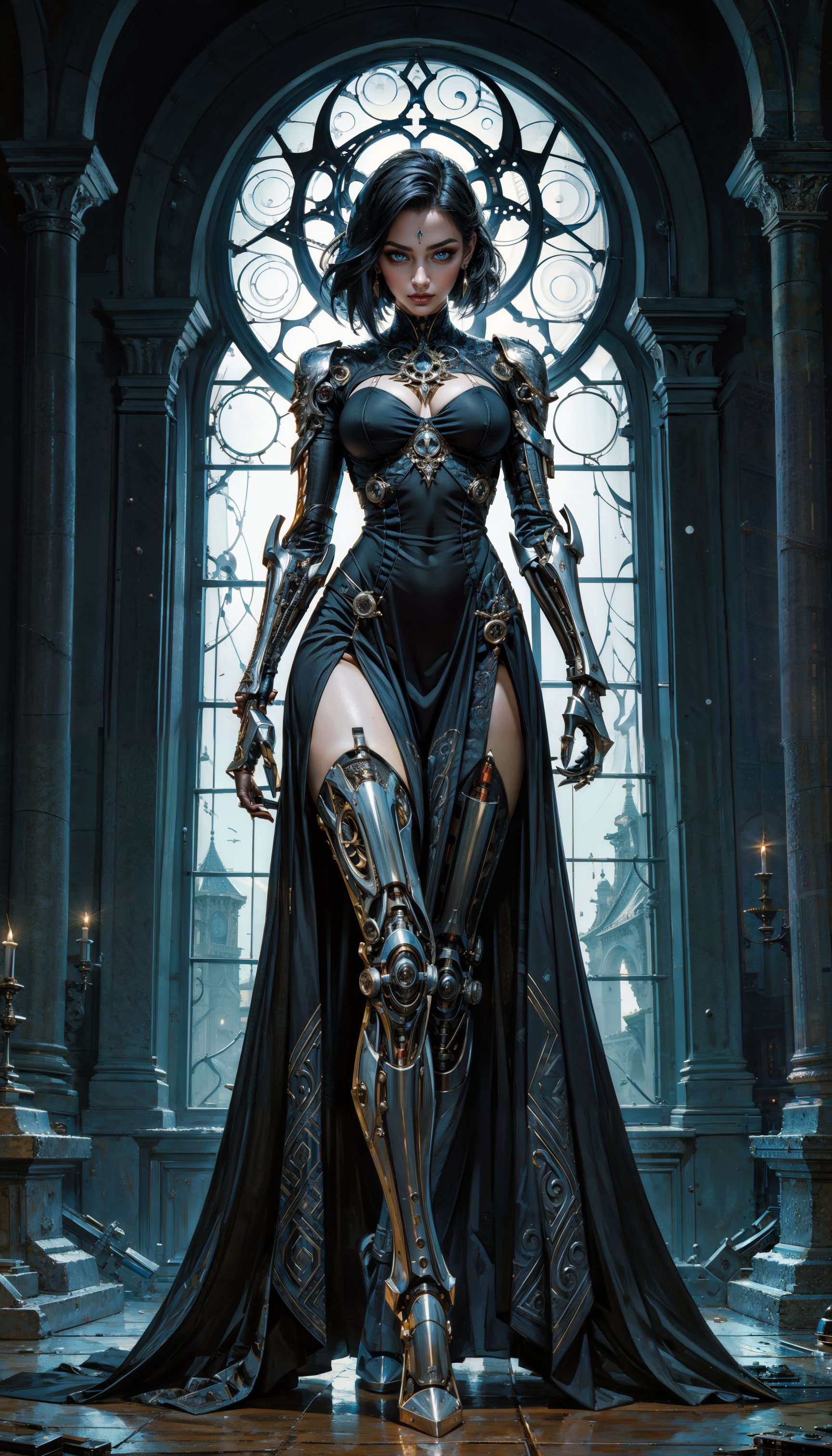 score_9, score_8_up, score_7_up, score_6_up, score_5_up, score_4_up,  dimly lit, rim lighting, occult, gothic, eerie, (solo), full body, elven girl, robot, bionic arms, bionic legs, skimpy clothes, long dress, black frilly drapes, in front of a window, smile, 1girl, delicate and smooth skin, blush, perfect body, thighs, highly detailed, glossy lips,  <lora:Expressive_H-000001:0.8>, expressiveH  <lora:Fant5yP0ny:0.9> <lora:Pony_DetailV1.0:0.9>