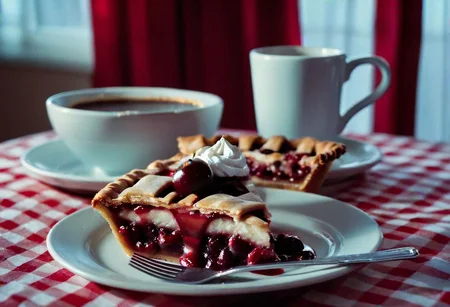 cinematic film still, Twin Peaks style, diner mug of steaming coffee and a slice of cherry pie and a fork on a plate on a gingham tablecloth, in a room with a red curtain, realistic, sharp, detailed, classic, 1990's suspense style, film light style, photography, artistic, perfection, contrast, cinematic, filmic, high quality photo, shallow depth of field, vignette, highly detailed, high budget, bokeh, cinemascope, moody, epic, gorgeous, film grain, grainy