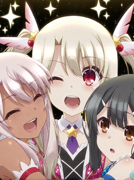 detailed background, shiny skin, posing,
heart, bloom, glitter, sparkle,
<lora:prisma.il:1>,
prisma,
(multiple girls, 3girls:1.8),
illya, miyu, chloe,
idol costume, upper body, one eye closed, peace, open mouth, hug,
