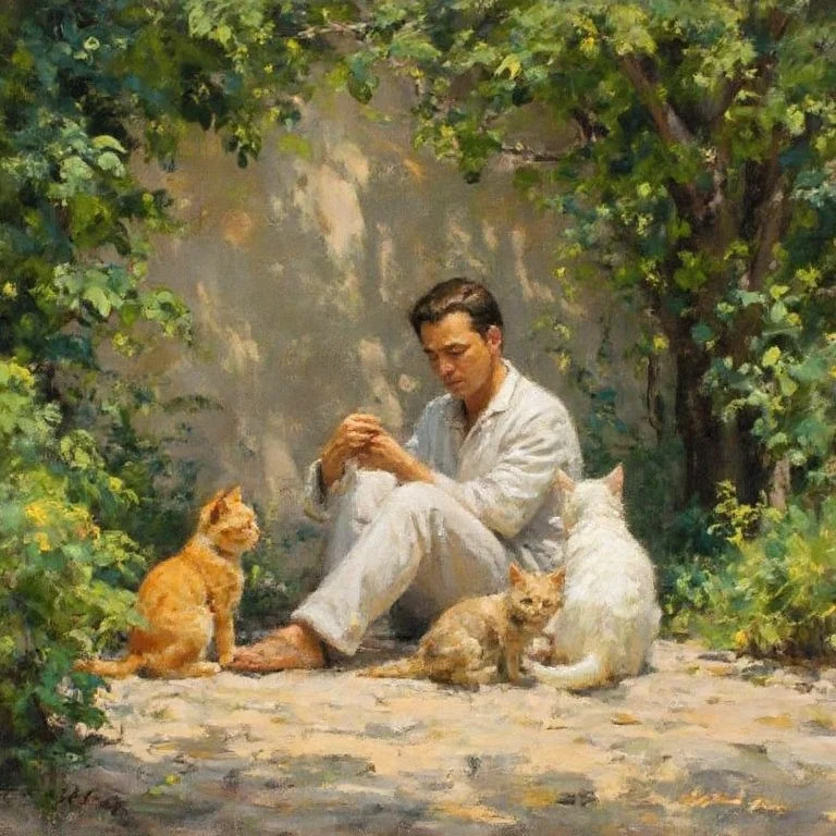 oilpainting, A peaceful outdoor scene,surrounded by lush green leaves and vibrant vegetation on the stone road. A cartoon style man sits on white clothes,gently caressing two animated cats,one orange and one white. Soft sunlight creates shadows,simple walls and pebble floors create a peaceful atmosphere,blending reality and animation elements,and natural and procedural characters. The artistic style blends elements of reality and illustration.,