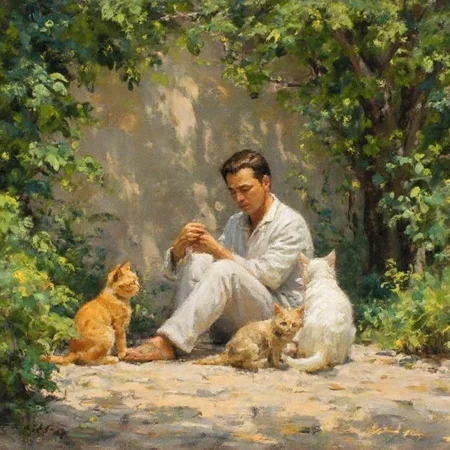 oilpainting, A peaceful outdoor scene,surrounded by lush green leaves and vibrant vegetation on the stone road. A cartoon style man sits on white clothes,gently caressing two animated cats,one orange and one white. Soft sunlight creates shadows,simple walls and pebble floors create a peaceful atmosphere,blending reality and animation elements,and natural and procedural characters. The artistic style blends elements of reality and illustration.,