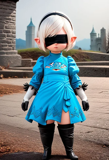 no2 type b dress, Lalatater, lalafell, chibi, puntable, 1girl, solo, dress, thighhighs, photo background, boots, blindfold, white hair, outdoors, short hair, cosplay, hairband, black blindfold, weapon, hat, puffy sleeves, blue dress, blue headwear, standing, facing viewer, thigh boots, full body, gloves, armor, sword, BREAK PonyXLV6_Scores