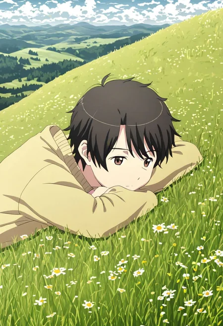 high resolution, solo, best quality, 1Boy, Inaho Kaizuka, Black Hair, Brown Eyes, relax, sleep, meadow, hill, grass hill, cloudy, OverallDetail