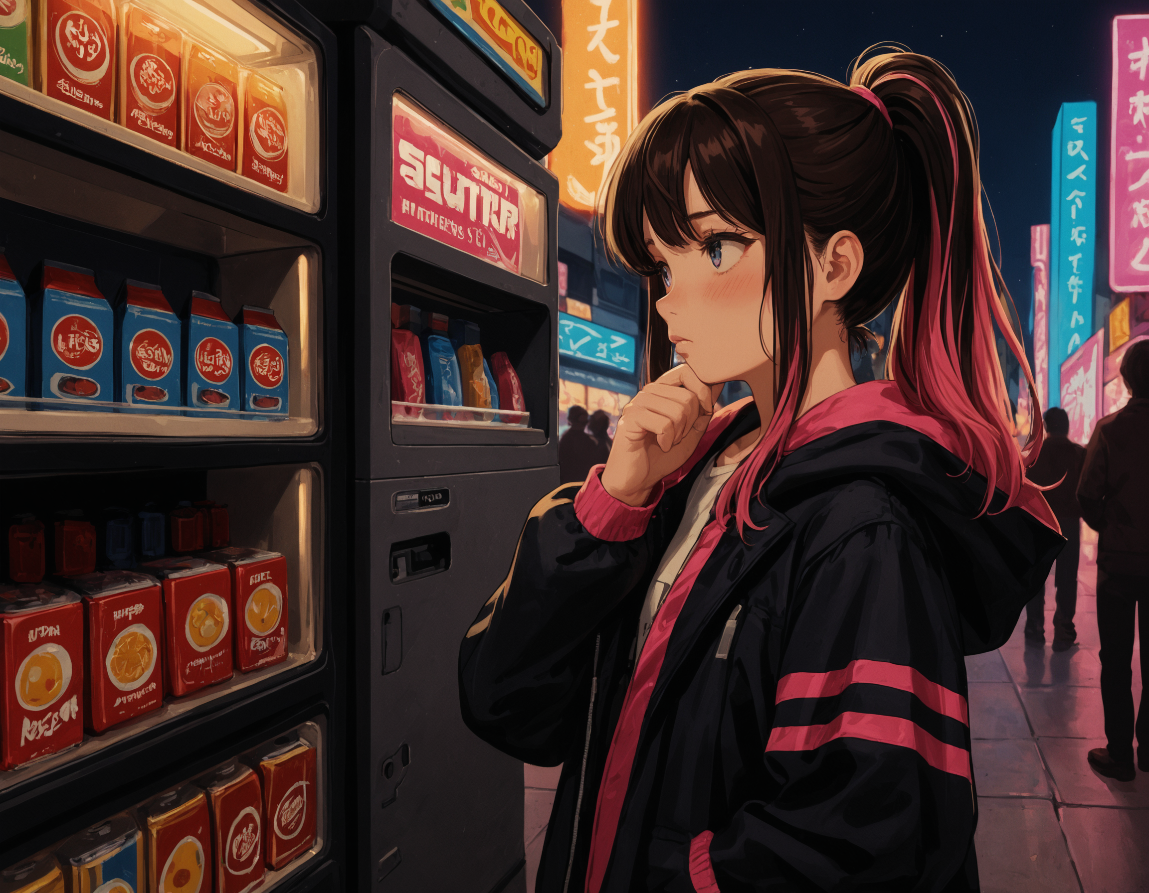 score_9, score_8_up, score_7_up, rating_safe, <lora:stormstyle:1>, <lora:MJ52:.7> <lora:laser_light_clothes_v0.5-pony:.6> futuristic markets, <lora:PastelStylePonyXL:1> pastel style
vending machine, science fiction,
1girl, looking at object,  multicolored hair, blush, laser light coat, long hair, looking away, ponytail, thinking, crowded, neon lights,