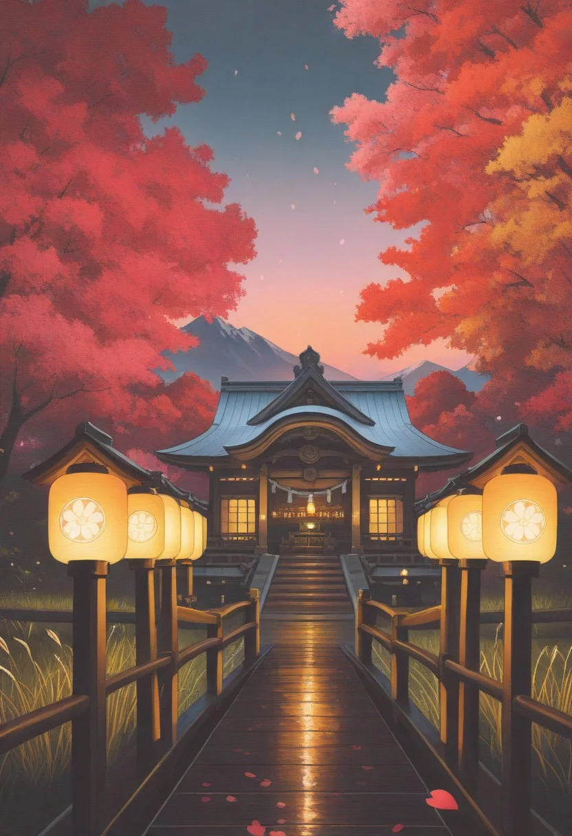 masterpiece, best quality, very aesthetic, absurdres,
traditional japanese setting, serene mountain village at sunset, gentle mist, sakura petals floating in the air, red maple trees, wooden bridge over a calm river, old shrine in the distance, glowing paper lanterns, soft ambient lighting, dojo-style platform in the foreground, worn tatami mats, breeze moving the tall grass, peaceful yet tension-filled atmosphere, fitting for a kunoichi duel, cinematic lighting, vibrant colors, ultra-detailed environment
bdbgil