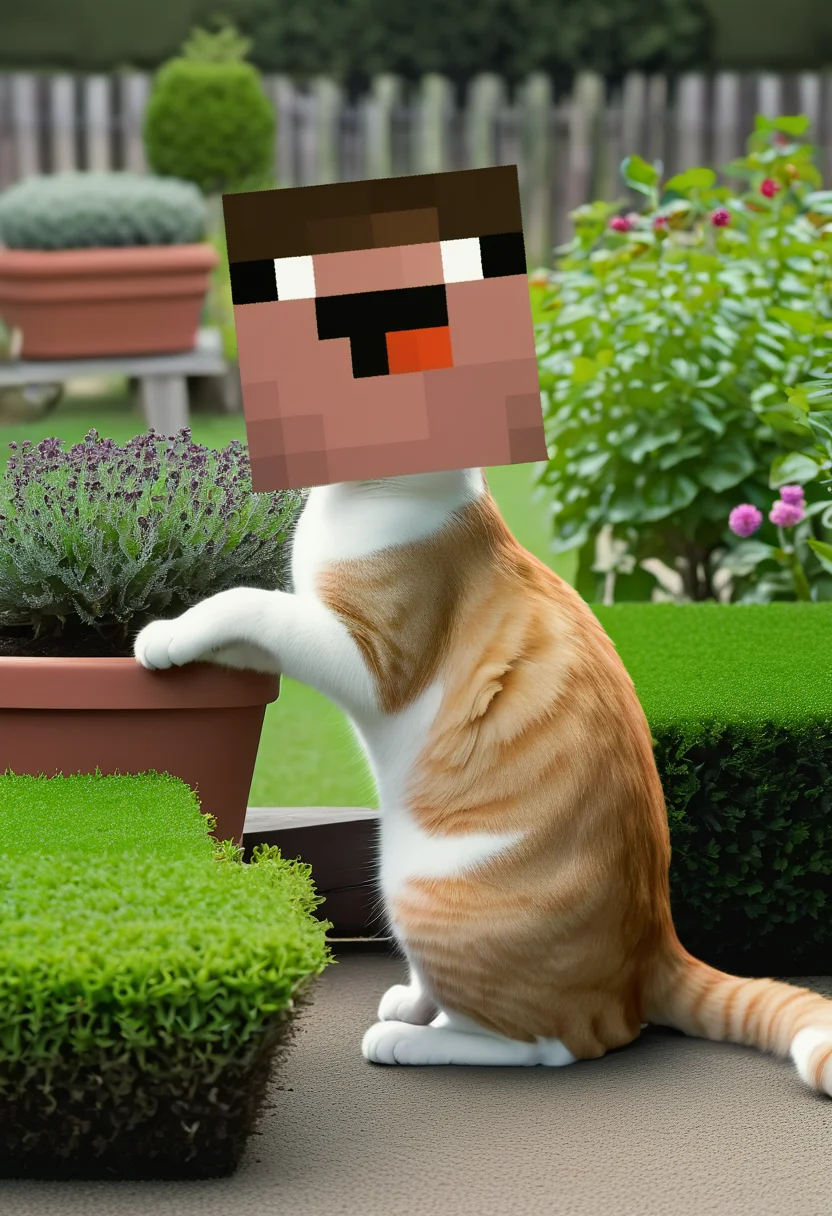 a cat standing in a garden, square head<lora:sendnoobs-sdxl-adam-e:1>