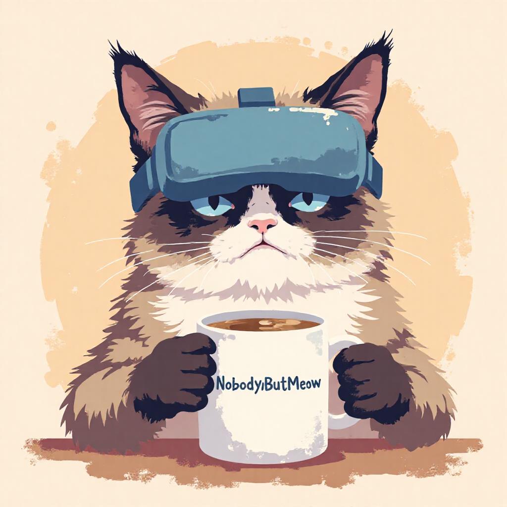 i11ustmin illustration. 
Grumpy Cat drinking coffee, wearing a VR Headset. The mug has the phrase "NobodyButMeow" printed <lora:Flux-Sch-SingleBlocks-BF16:1.0> <lora:minimalist_flat_illustration_nbm:0.8><lora:799912190007274110:0>