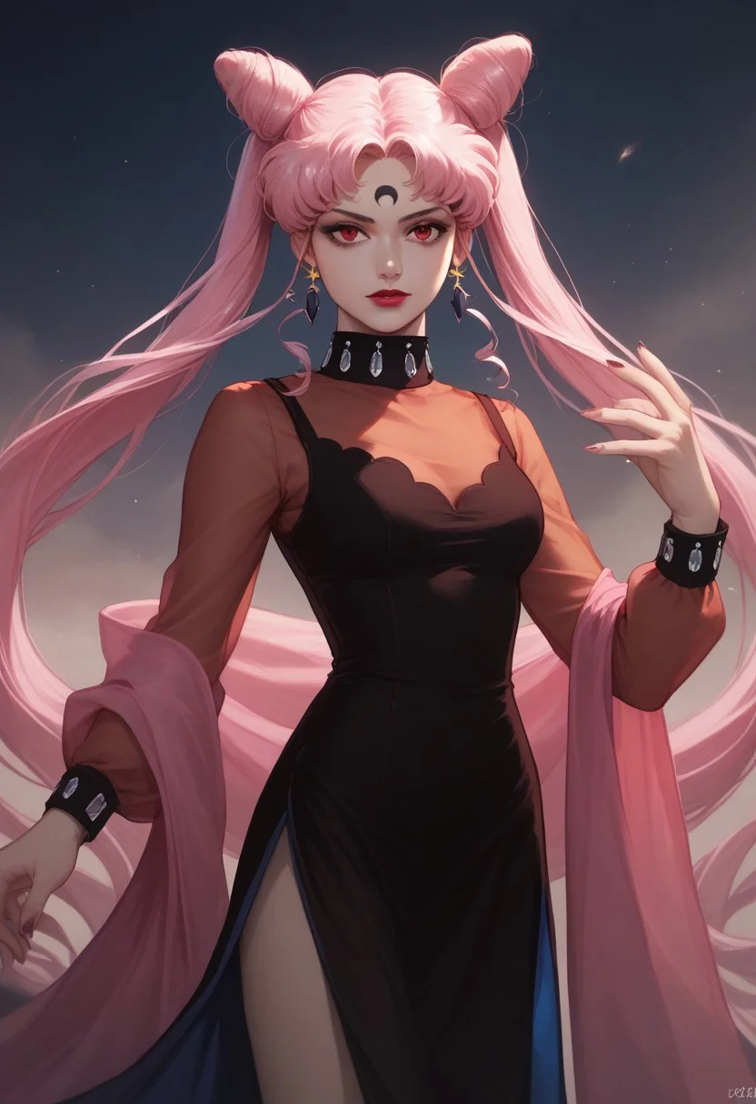 score_9,score_8_up,score_7_up, masterpiece, best quality, 1girl, black lady, 1girl, solo, long hair, red eyes, dress, twintails, jewelry, very long hair, pink hair, earrings, hair bun, see-through, double bun, makeup, facial mark, lipstick, crescent, side slit, aged up, forehead mark, cone hair bun, crescent facial mark, crystal earrings