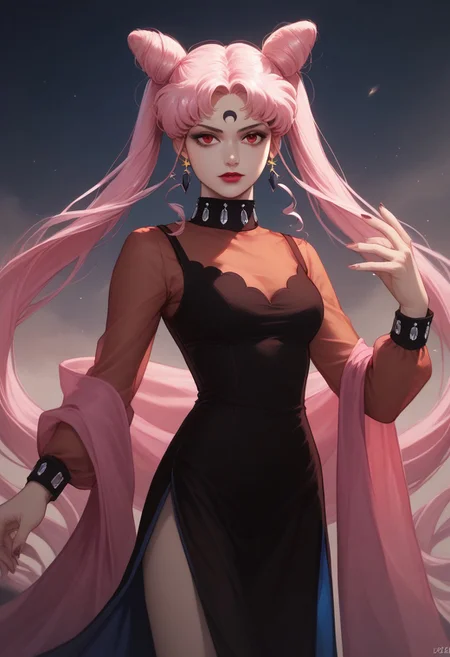 score_9,score_8_up,score_7_up, masterpiece, best quality, 1girl, black lady, 1girl, solo, long hair, red eyes, dress, twintails, jewelry, very long hair, pink hair, earrings, hair bun, see-through, double bun, makeup, facial mark, lipstick, crescent, side slit, aged up, forehead mark, cone hair bun, crescent facial mark, crystal earrings