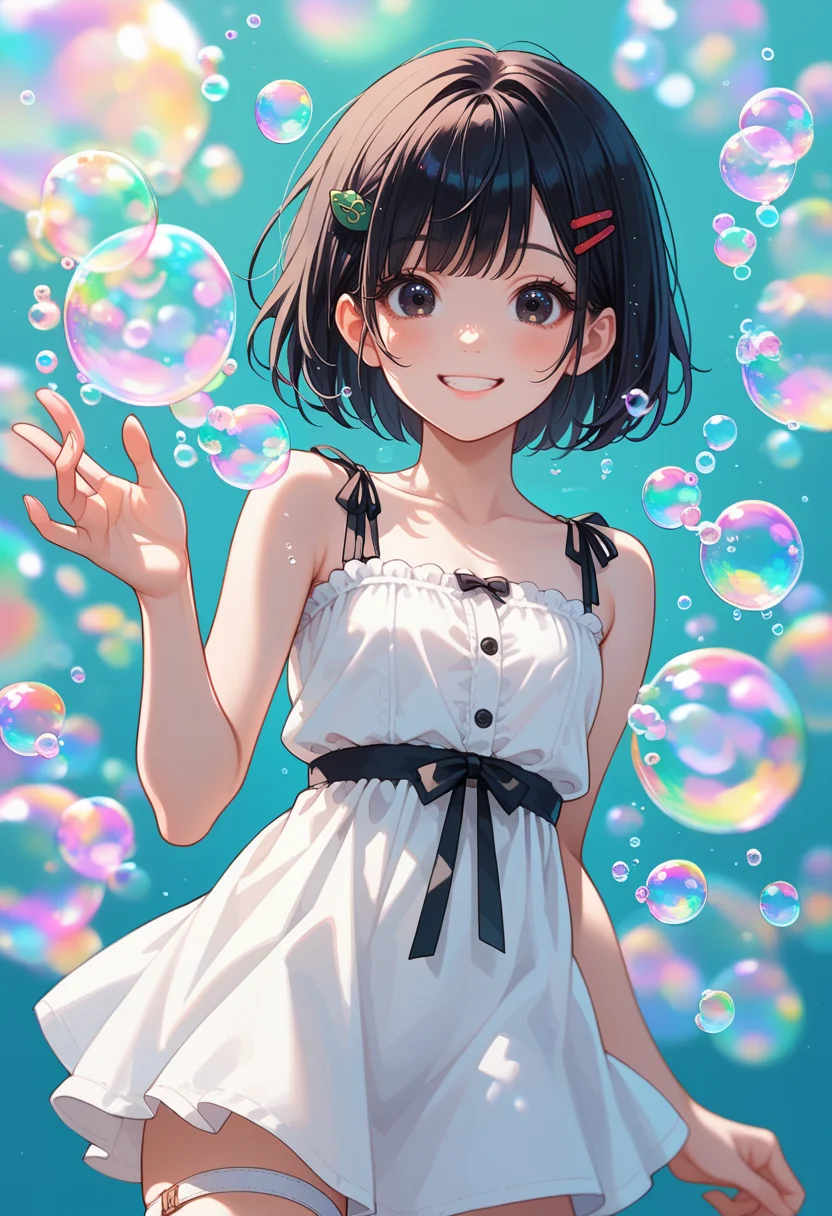 score_9, score_8_up, score_7_up, source_anime, perfect anatomy, ,cowbow shot ,front view,,,cute face , solo,looking at viewer, 20yo,20yo, black hair, black eyes, short bob hair, hair pin,small breast, slender,(white thigh strap:1.1),(black clohtes:1.1), }, open eyes , soap bubble background fantasy, green bubbles, medium bubbles , rainbow bubbles ,large bubbles, smile beam, (clothed:1.2)<lora:soap-bubble-fantasy-04:1.2>