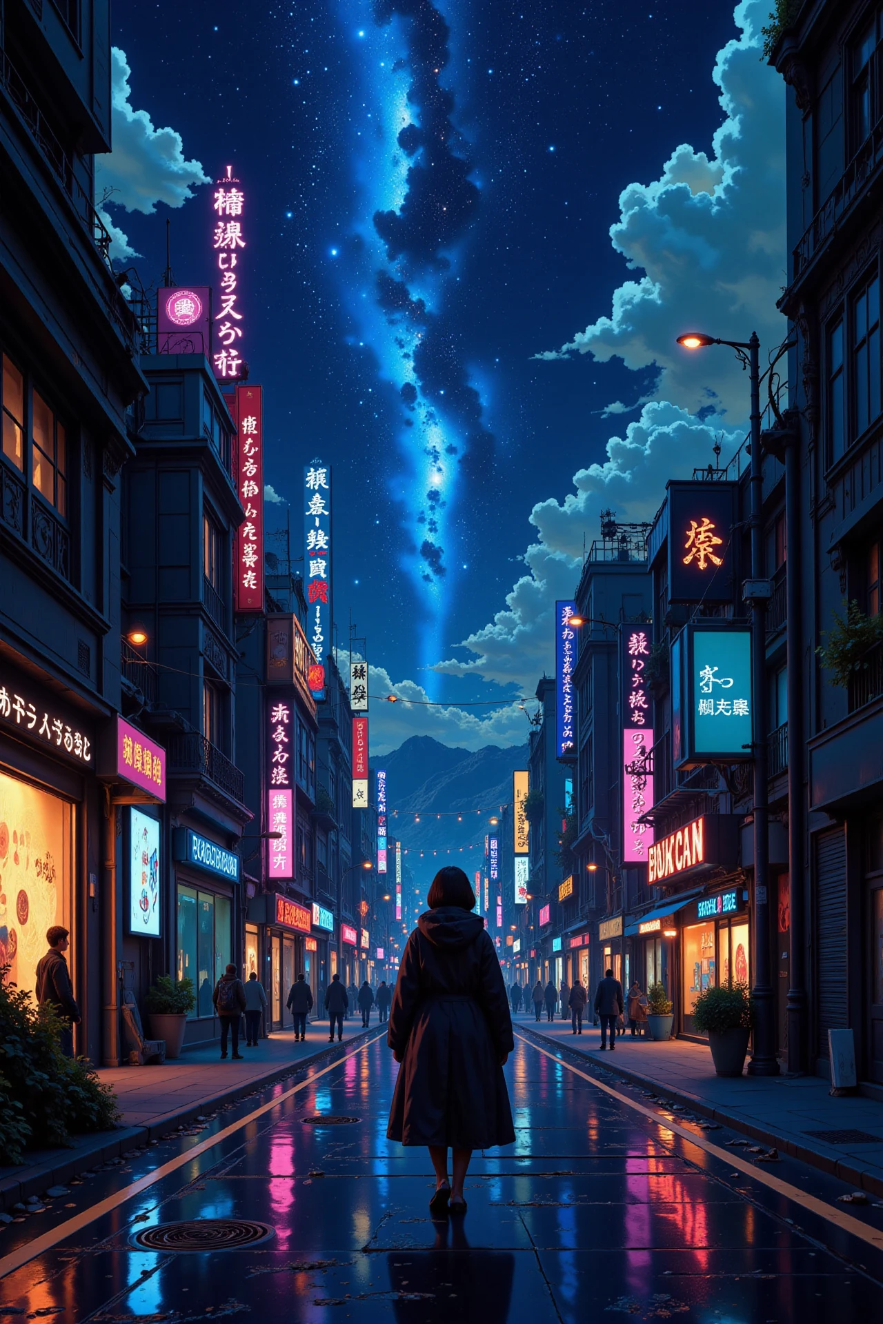 a cyberpunk futuristic street beautiful  landscape, bright luminous starry night, woman, very intricate, very detailed, sharp, bright, colorful, <lora:Hand v2:0.5> <lora:Anti-Blur:1><lora:Insane Detail Slider:0.25>  <lora:flux.1_lora_flyway_Epic-detail_v2:0.3> <lora:fluxenhancer:0.25> <lora:Anime_style:0.6> anime style