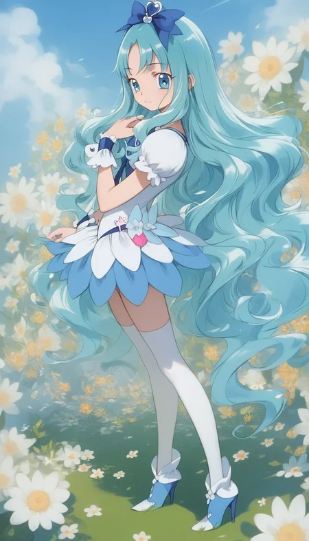 score_9,score_8_up,score_7_up,score_6_up,score_5_up,score_4_up,source_anime,best quality,masterpiece,realism,ultra-detailed,highres,solo,1girls,14 years old,
<lora:p3tr4XLP:0.8>,p3tr4,flower pattern background,<lora:curemarine.pony:1>,CUREMARINE,wavy hair,aqua hair,white thighhighs,wrist cuffs,hair ribbon,white shoes,