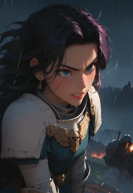 1girl, solo, 24 year old woman, large build, kneeling:1.4, beautiful, long hair, dark purple hair, freckles:1.4, face uplifted:1.6, looking up, looking at the sky, earrings, fierce grin:1.5, crying:1.5, teeth clenched:1.4, angry smile:1.5, wide hips, knight armor:1.5, heavy armor, gauntlets, greaves, bright blue eyes, arms at her sides, rain falling on her face:1.5, tan skin, on knees, tears on chin, tears on cheeks,
dusk, after battle, muddy field, some grass, fallen soldiers around her:1.4, storming, dark gray sky, dark sky:1.4, streaming banners, battlefield, intense rain:1.3, dreary, raining, overcast, mountains and hills in the background,
score_9, score_8_up, score_8, masterpiece, best quality, official art, extremely detailed, CG unity 8k wallpaper, absurdres, high definition, photorealism:1.5, detailed shading, high contrast, ambient occlusion, vivid colors:1.5, saturated colors:1.6,
downward angle:1.3, cowboy shot, cinematic, from above:1.3,
expressiveh, whites40k, tears,