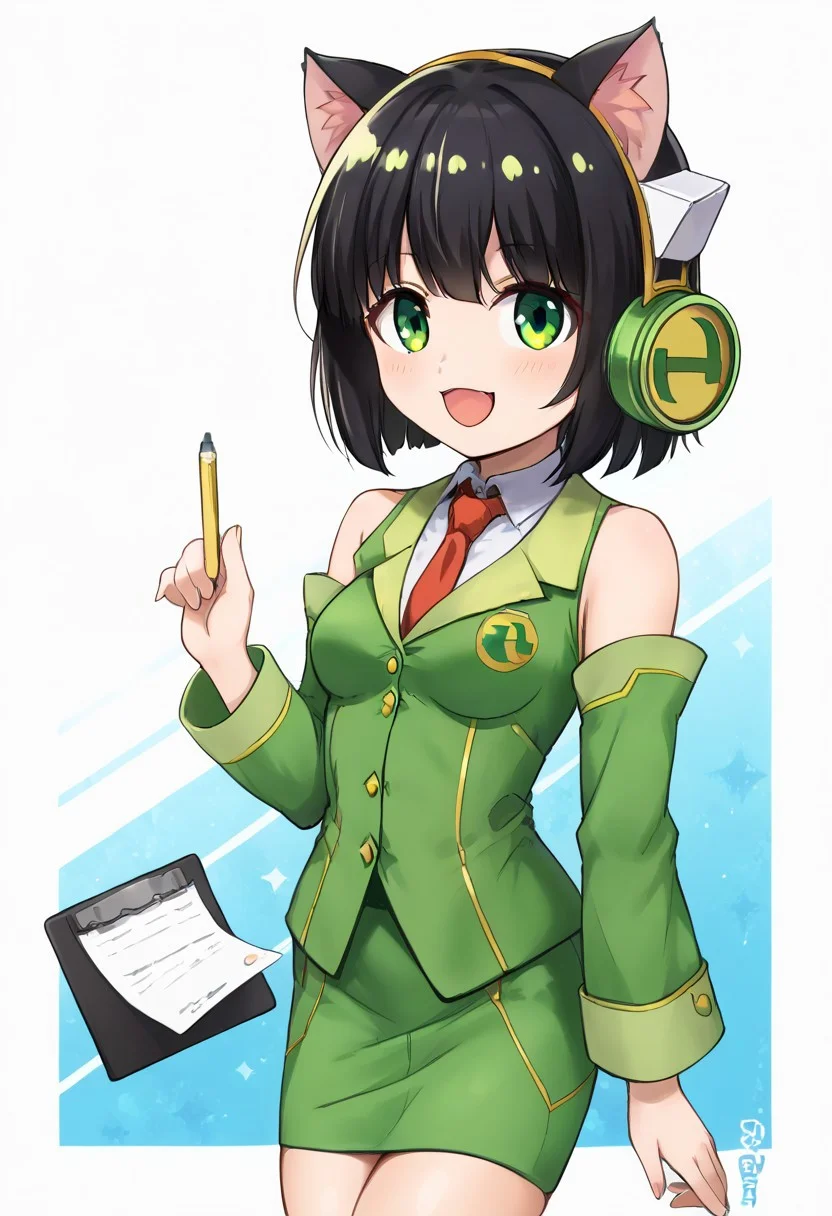 score_9, score_7_up, source_anime, masterpiece, best quality, detailed, perfect, perfection, aesthetic, absurd,
BREAK
1girl, kyomachi seika, green eyes, black hair, green hair, two-tone hair, short hair, bangs, hair between eyes, headphones,
BREAK
white shirt, green jacket, red necktie, green skirt, pencil skirt, detached sleeves,
BREAK
necoarccon, lit pupils, cat ears, :3, chibi
BREAK
abstract background