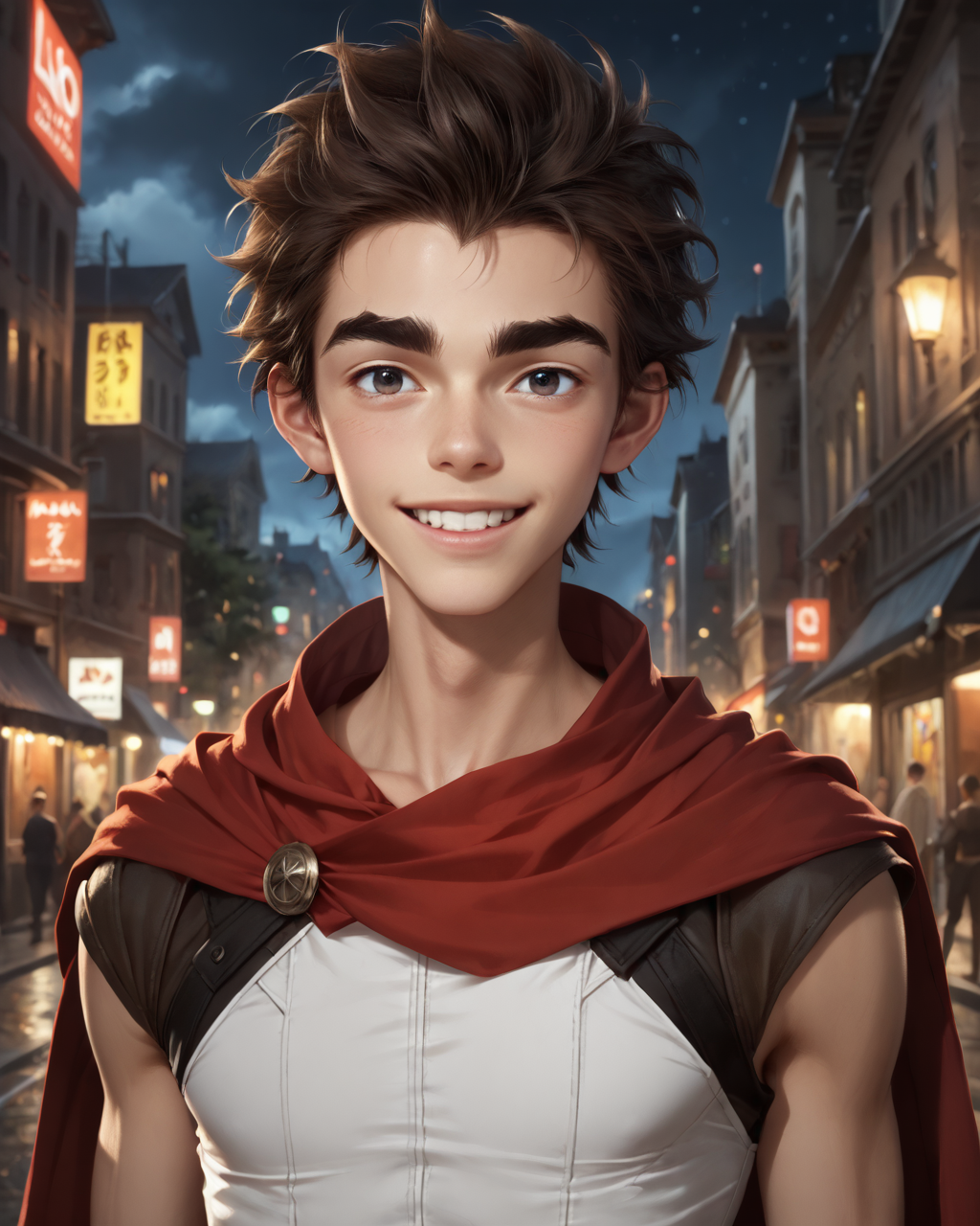 score_9, score_8_up, score_7_up, intricate details, rating_questionable,
<lora:homri52:1>
,
<lora:Mylo_Arcane:0.8>, 1boy(mylo, young man, slender, brown hair, thick eyebrows, thin, looking at the viewer, solo, happy, 
red cloak, sleeveless tight bodysuit), outdoors, at night, darkness
,
highres,
detailed background, depth of field, 
<lora:ral-chrosc-clr:0.5>, ral-chrosc-clr,
<lora:Expressive_H:0.5>, Expressiveh,
<lora:xl_more_art-full_v1:0.3>,
<lora:add-detail-xl:0.3>,