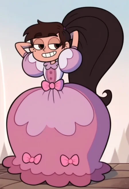 score_9, score_8_up, score_7_up, Princess_Marco, 1boy, solo, brown hair, brown eyes, mole under eye, long hair, ponytail,
Standing, full body, Half-closed eyes, hands behind head, smile,
Pink dress, bow, puffy sleeves,