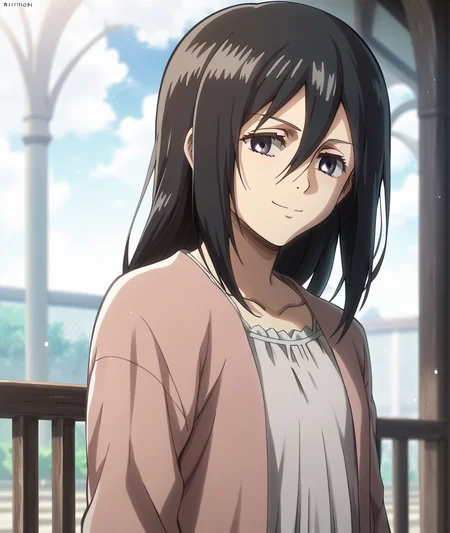 score_9, score_8_up, score_7_up, score_6_up, score_5_up, score_4_up, BREAK source_anime,
<lora:Mikasa Ackerman(child)_PONY:1>,mikasa ackerman\(child\), 1girl, solo, black hair, black eyes, long hair, hair between eyes,pink jacket,white dress,Upper body,smile,Closed mouth