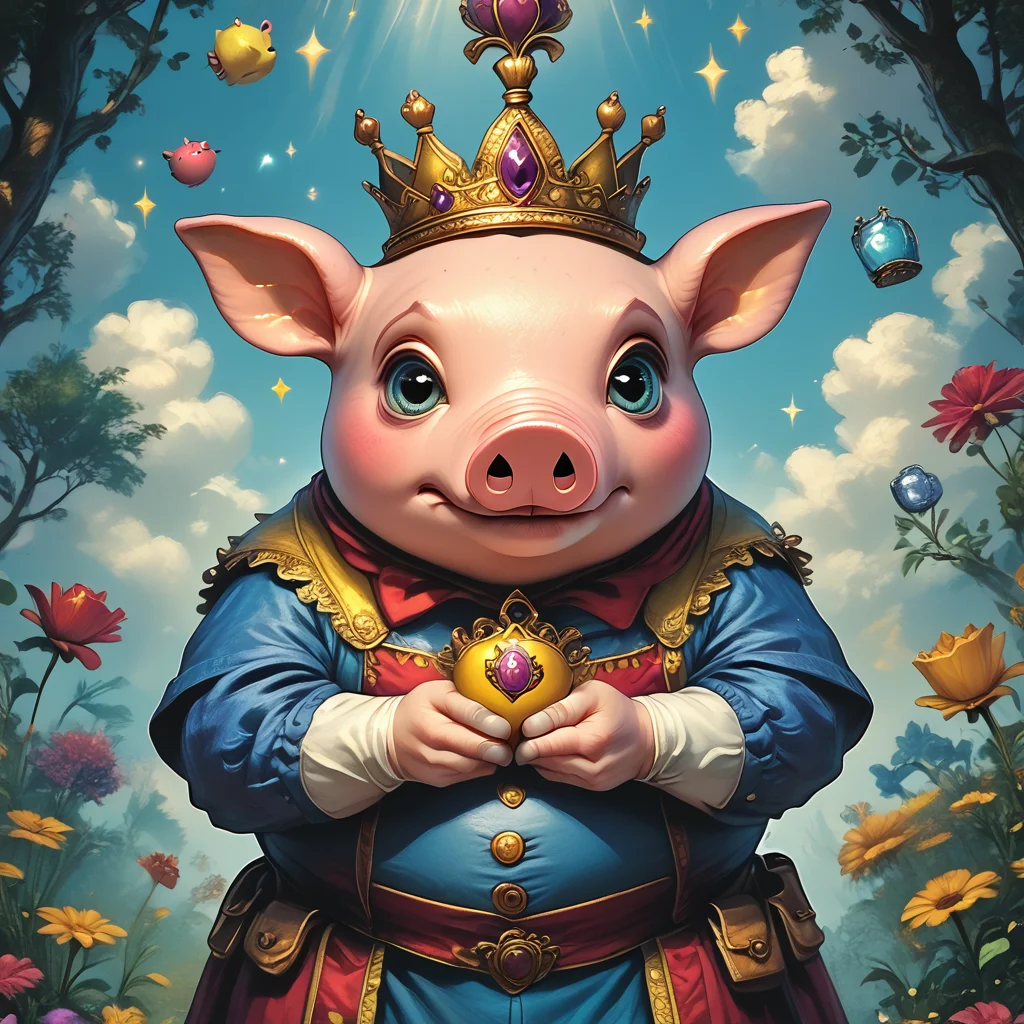 score_9, score_8_up, score_7_up, score_6_up, score_5_up, score_4_up, <lora:WonderlandPony_r1:1> ArsMJStyle, Wonderland, he image shows the dutches from Wonderland holding a pig in her arms with a crown on her head.