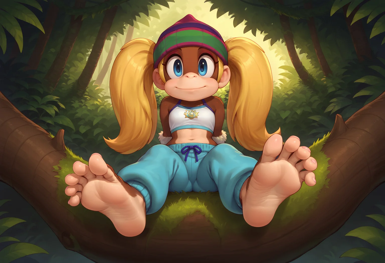 score_9, score_8_up, score_7_up, score_6_up, score_5_up, score_4_up, looking at viewer, 
young face, solo, t_kong, beanie, blonde hair, twintails, blue eyes, crop top, wristband, blue_pants, midriff, anthro, monkey_girl
outdoors, jungle, sitting in tree, feet focus, feet_up, soles, spread_toes, arms behind back, 
<lora:princess_xl_v1:0.6>, <lora:Expressive_H:0.8>, <lora:incase-ilff-v3-4:0.5>, <lora:MysticalPlantPenetratorPDXL:0.5>, <lora:Muk:0.5>, <lora:Feet Anime Pony:0.6>, <lora:Tiny_Kong_Donkey_Kong:1>