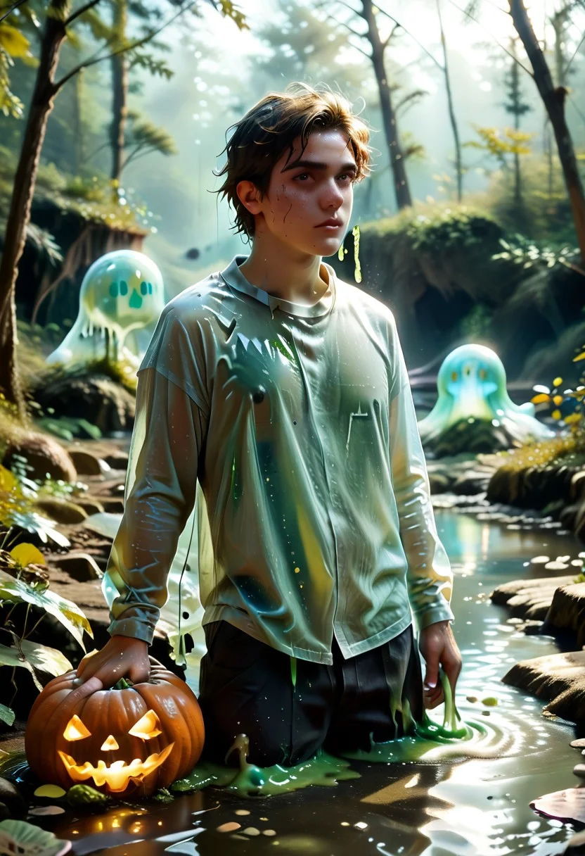 score_9, score_8_up, score_7_up, sl1m3d, slime-morph, cr33py, a boy with a jack-o-lantern head in a swamp by Atsushi Ohkubo
