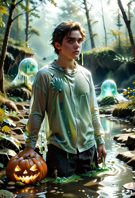 score_9, score_8_up, score_7_up, sl1m3d, slime-morph, cr33py, a boy with a jack-o-lantern head in a swamp by Atsushi Ohkubo