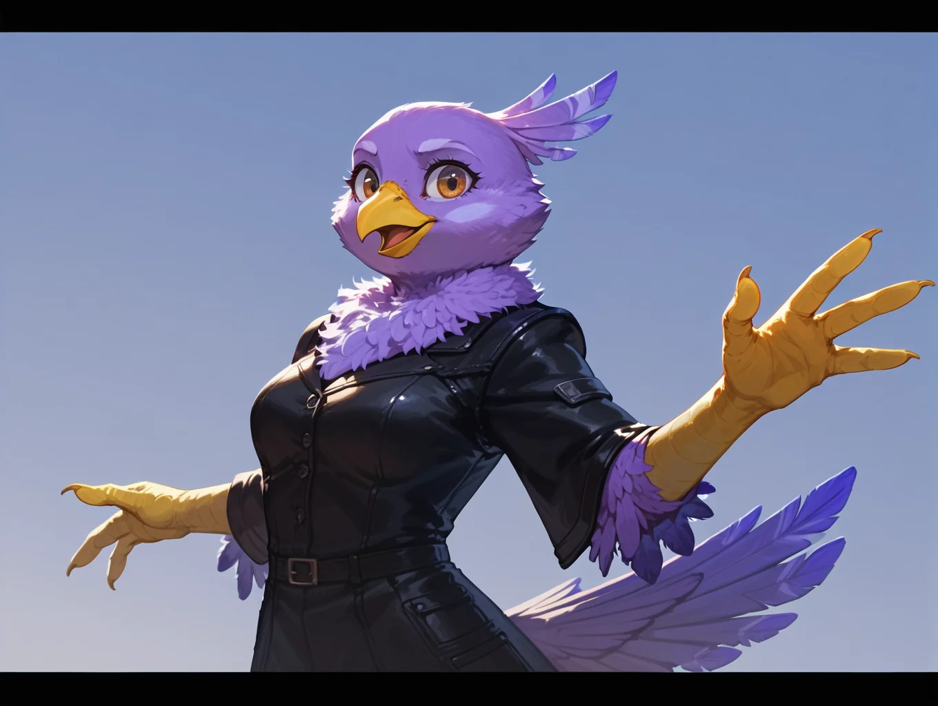 score_9, score_8_up, score_7_up, furry_female, melissa morgan, avian, solo, detailed_eyes, purple feathers, cinematic, dutch angle, letterboxed, <lora:Melissa_Morgan:0.7>