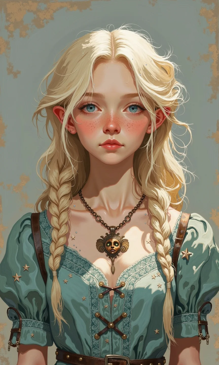 Full shot of a digital painting or illustration. A light-skinned young woman with long, flowing, platinum blonde hair styled in two large braids that cascade down her shoulders is the central figure.
Her hair appears voluminous and meticulously detailed, with highlights and soft shadows creating a sense of depth and texture.
The woman's face is expressive, with a calm, serene, and slightly wistful expression. Her eyes are a striking light blue, and freckles are subtly scattered across her cheeks. Her skin tone is fair, and the portrait showcases detailed rendering of subtle blush on her cheeks.
She wears a light teal or dusty blue dress with intricate lace-like embroidery and small sparkling accents. The dress has a slightly V-neckline and criss-cross straps or lacing across the chest section that adds a vintage touch.
A pendant hanging from a brown leather or dark-colored chain is visible around her neck. The pendant features a stylized, embossed face or mask, with a texture suggestive of bronze or metal.
The background is a soft, muted tone, light gray and tan, providing a neutral backdrop that focuses attention on the subject. The light source in the image appears to be diffused, casting gentle light and shadows, creating an overall soft, ethereal ambience.
<lora:FLUX-daubrez-DB4RZ-v2:1> DB4RZ, DB4RZ style painting