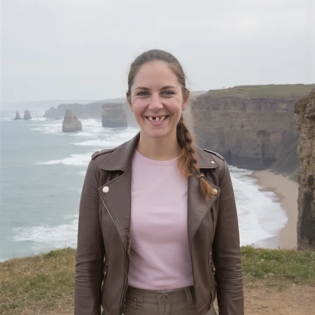 d4nt4, a woman smiling widely to reveal several missing teeth , a front-facing view showing the upper half of a woman's body, dressed in a simple Moto jacket and Dress pants , in Seaside cliff with crashing waves , Side braid , young adult