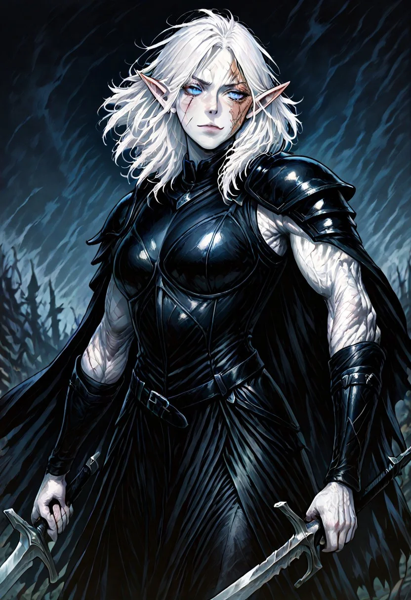 masterpiece, best quality, newest, absurdres, highres,
MIRV1.0, pale, white skin, blue eyes, colored skin, toned, muscular, toned female, white hair, elf, pointy ears, scar, scar on face, armor, cape, shoulder armor, black leather, holding, holding weapon, holding sword, sword,