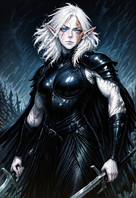 masterpiece, best quality, newest, absurdres, highres,
MIRV1.0, pale, white skin, blue eyes, colored skin, toned, muscular, toned female, white hair, elf, pointy ears, scar, scar on face, armor, cape, shoulder armor, black leather, holding, holding weapon, holding sword, sword,