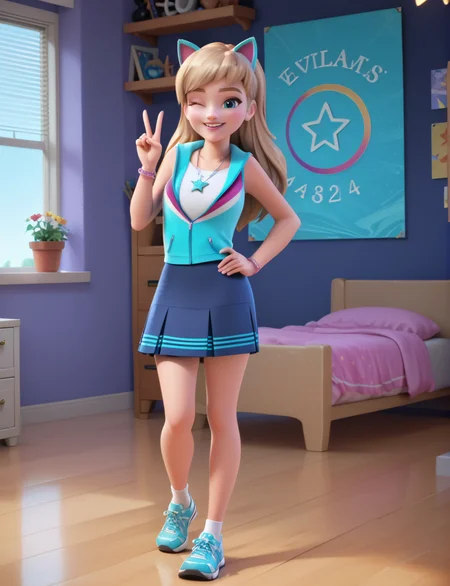 (zPDXL3) source_cartoon, Perfect Hands, full body, handsfree,
stephanie, blue eyes, long hair, blonde hair, blue skirt, shirt, sleeveless hoodie, necklace, star (symbol), bracelet, socks, blue shoes, sneakers, fake cat ears, looking at viewer, wink, smile, peace sign, 1girl, solo, indoors, sexy pose, dynamic angle , looking at viewer, volumetric lighting , detailed background, girly bedroom,
<lora:Stephanie_-_lego_friends:1> <lora:Perfect Hands:1>