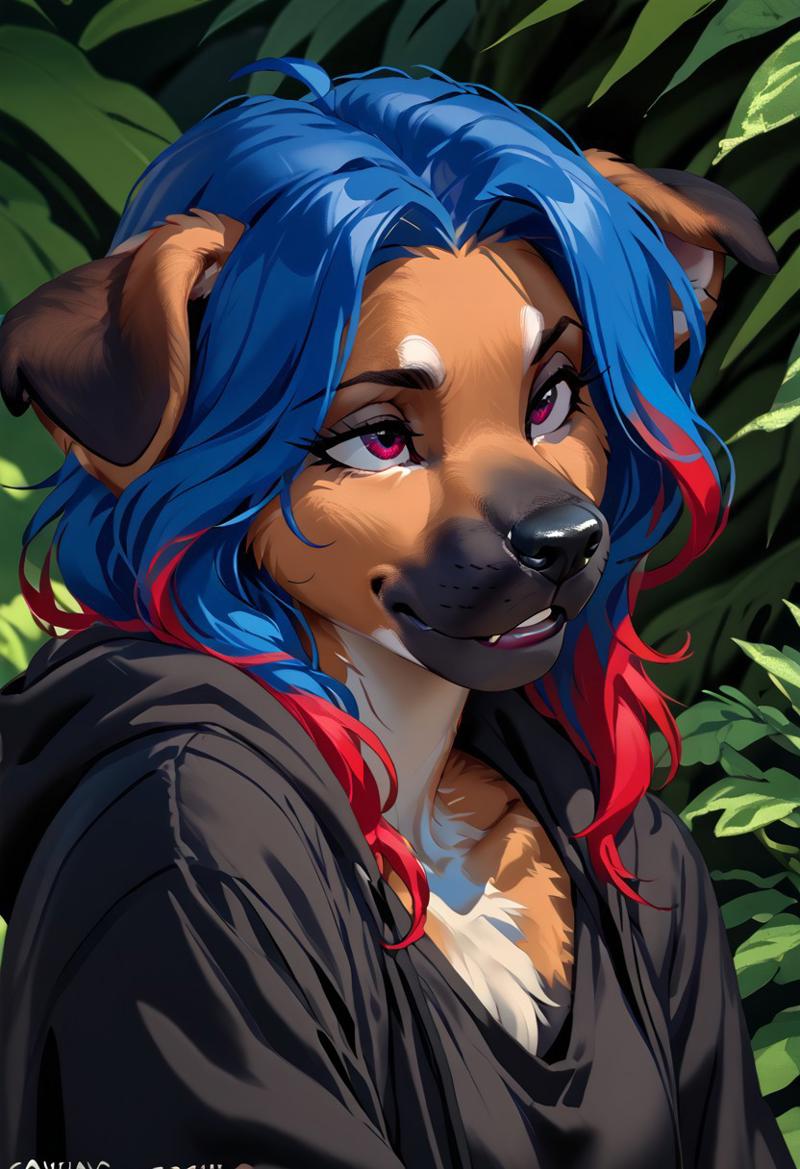 score_9, score_8_up, score_7_up, (by kittydee:1.5), (by jailbird:1.5), (by zummeng:1.5), masterpiece, best quality, 
(Furry Art: Anthro: black mouth cur:1.5), 1girl, expressive eyes, feminine eyes, perfect face, feminine face, cur, dog, canine, floppy ears, black snout fur, brown fur, (multicolored hair), (blue hair with red highlights:1.5), halter top shirt,