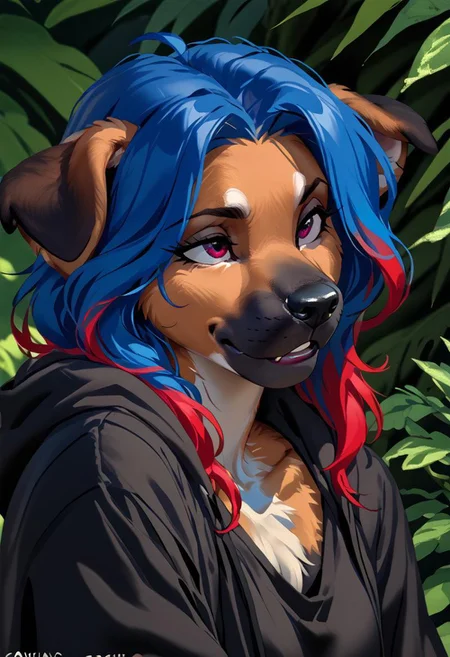 score_9, score_8_up, score_7_up, (by kittydee:1.5), (by jailbird:1.5), (by zummeng:1.5), masterpiece, best quality,
(Furry Art: Anthro: black mouth cur:1.5), 1girl, expressive eyes, feminine eyes, perfect face, feminine face, cur, dog, canine, floppy ears, black snout fur, brown fur, (multicolored hair), (blue hair with red highlights:1.5), halter top shirt,