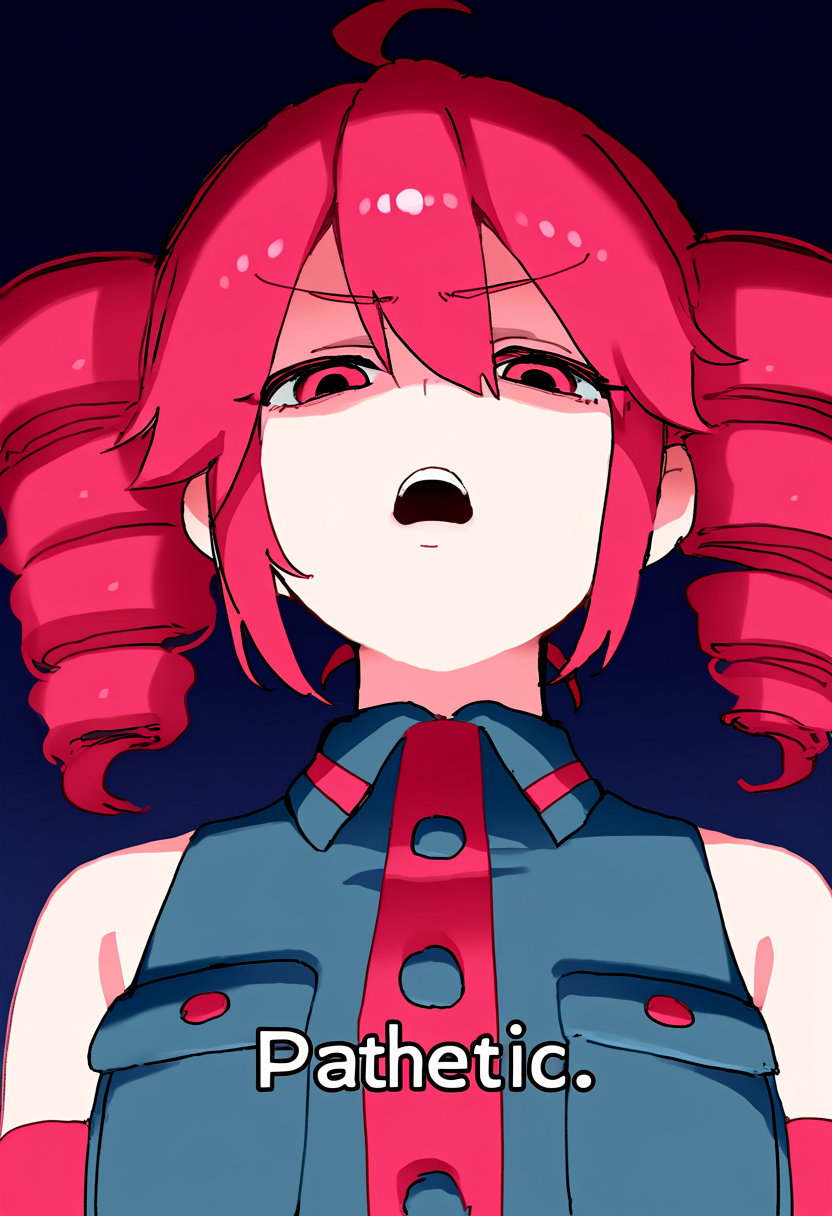 masterpiece, high quality, amazing detail, pathetic_meme, looking down, 1girl, solo, looking at viewer, serious, open mouth, upper body, english text, text:"pathetic", half-closed eyes, kasane teto, <lora:pathetic:1>