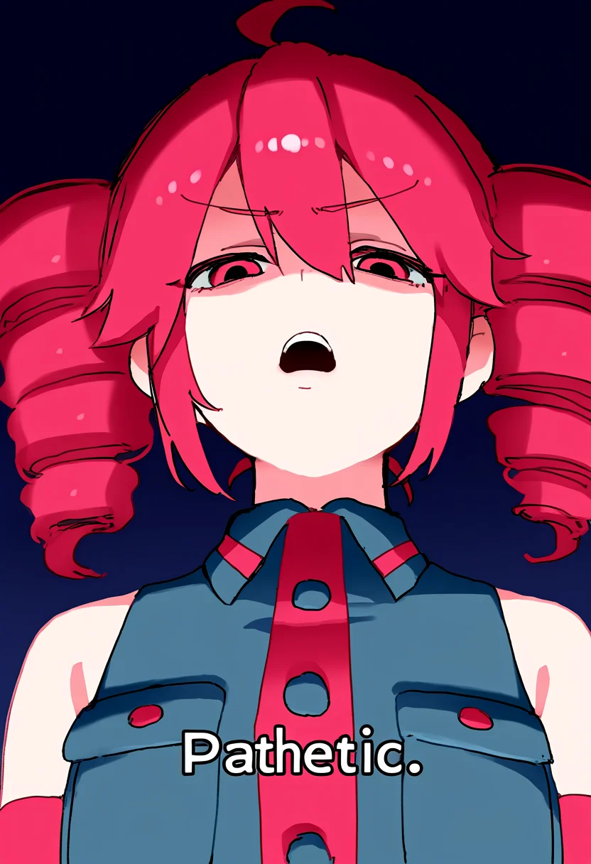 masterpiece, high quality, amazing detail, pathetic_meme, looking down, 1girl, solo, looking at viewer, serious, open mouth, upper body, english text, text:"pathetic", half-closed eyes, kasane teto, <lora:pathetic:1>