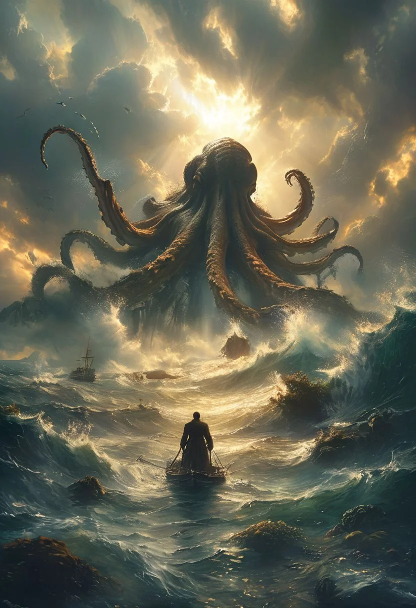 cinematic giant kraken, god rays