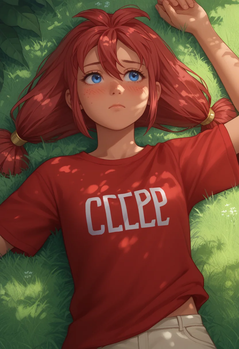 score_9, score_8_up, score_7_up,
best quality, masterpiece, ultra detailed,
<lora:Expressive_H:1>, closed mouth, blush, shy,
looks away,
dynamic pose, close, upperbody, from above,
<lora:Everlasting_Summer_Ulyana_by_GraffMetal:1>, ulyana, red hair, twintails, hair between eyes, blue eyes, face freckles, body freckles, dark skin,
red oversized t shirt without text, clean red t shirt,
dappled sunlight, day, foliage, grass, lying, nature, on back, on grass, on ground, outdoors, plant, tree shade,
amazing background,