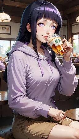 safe_pos, score_9, score_8_up, score_7_up, source_anime BREAK cowboy shot, looking at viewer, close-up,
1girl, hyuuga hinata, purple eyes, white eyes, blunt bangs, black hair, hime cut, long sleeves, hood, short shorts, brown shorts, purple hoodie, formal, holding cup, hand up, collared shirt, drinking, holding cup, medium breasts, skin dentation, sitting, light smile, indoors, restaurant, cafe, sitting, table,