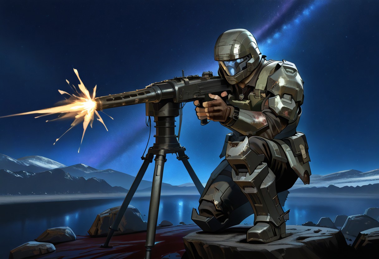 lazypos. 1boy, ODST_Armor, armor, fingerless gloves, helmet. (((medium brown skin tone))). Dog tags necklace. grenades on belt. cuts, damaged armor, blood, BattleDamage. there is purple blood splattered on 1boy's armor.. ((aiming a vkrsmmg medium machine gun weapon)). muzzle flash. He is crouching down on one knee, taking cover behind a rock. He is looking in the same direction that he is aiming. He is aiming over the rock.
(((hlrng))), horizon, starry sky,
mountainous horizon, scenery,
dark, darkness, night, night sky, starry sky, star \(sky\), nebula, galaxy. sketch.