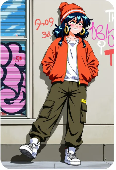 Modernretroanime. 1girl, solo, oversized bomber jacket, loose cargo pants, high-top sneakers, beanie hat, gold hoop earrings, relaxed pose, leaning against a graffiti wall, playful grin, street aesthetic, hip-hop fashion, confident energy