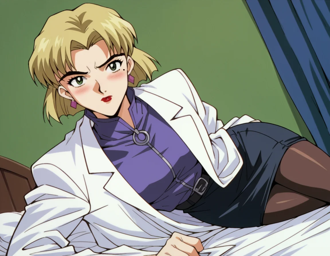 score_9, score_8_up, score_7_up, source_anime,
ritsukoakagi,  <lora:ritsuko-akagi-classic-ponyxl-lora-nochekaiser:1>,
ritsuko akagi, short hair, blonde hair, mole, mole under eye, parted bangs, green eyes,
lipstick, skirt, jewelry, pantyhose, earrings, belt, pencil skirt, labcoat, shirt, purple shirt, turtleneck, zipper,
indoors, bed, bed room, on side, blush, drunk,
cowboy shot, looking at viewer, solo, dutch angle,