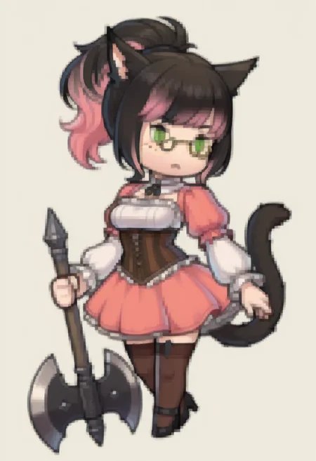 masterpiece, best quality, solo, 1girl, <lora:clamchan_illu:1> animal ears, black hair, pink hair, multicolored hair, ponytail, green eyes, slit pupils, freckles, cat tail, <lora:Feh-Sprites-illus_Fp:1> simple background, chibi, full body, pince nez, feather, corset, frills, dress, thighhighs, heels, holding greataxe