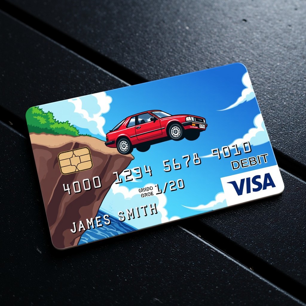 The image is a digital illustration on a Visa credit card, visa custom design card of anime car toyota jumping from the cliff. Card laying on the black wood table. 45 view angle for above, aidmatextimprover