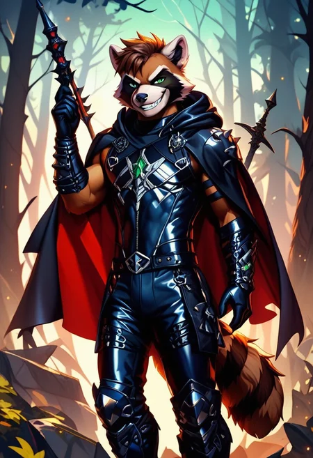 score_9, score_8_up, score_7_up,score_9, score_8_up, score_7_up, ((cowboy shot)), forest, standing, BREAK, ((High fantasy art style)), solo, male, anthro raccoon, black hooded cloak, (black leather breastplate), black leather greaves, black leather pauldrons, black leather boots, brown hair, ((detailed green eyes)), ((Masterpiece), (absurdres), (shadowy), (mysterious), ((evil grin)), ((sadistic smile))