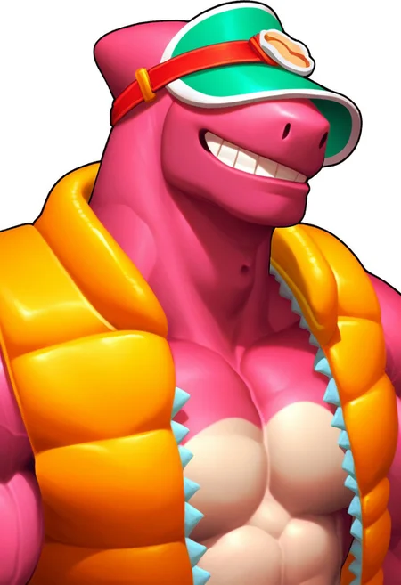 score_9, score_8_up, score_7_up, source_cartoon, solo, portrait, 1boy, dinosaur, bs_doug, anthro, long neck, pink skin, eyesless, green cap, yellow life jacket, smile, face focus, muscular,