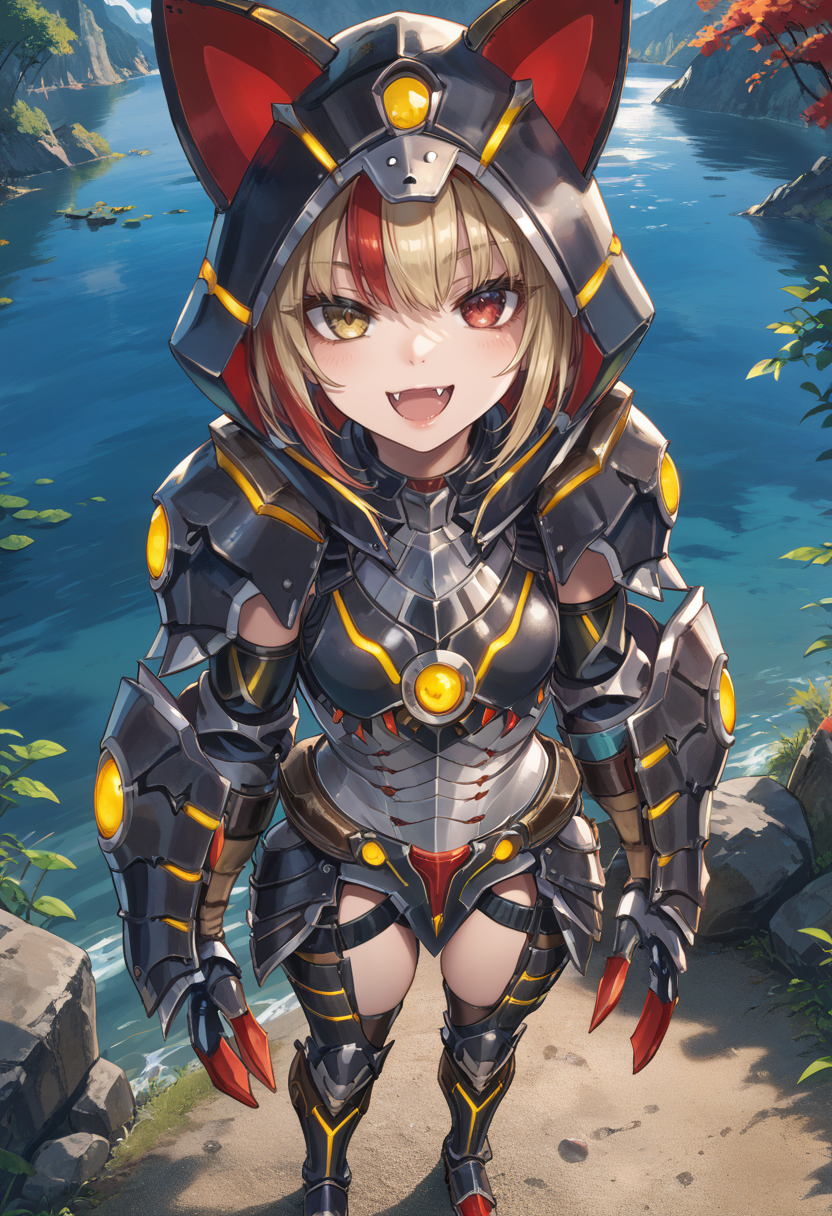 (score_9:0.9),score_8_up,score_7_up,rating_safe,anime style,(zPDXL),<lora:Almudron armor ponyXL v1:0.73>,1girl,solo,yellow eyes,blonde hair,black mechanical cat tail,looking at viewer,black cat hood,almudron armor,black claw gauntlets,black knee boots,black thigh armor,from above,full armor,lake,open mouth,fangs,half-closed eyes,naughty face, red hair, heterochromia, red eyes, multicolored hair,