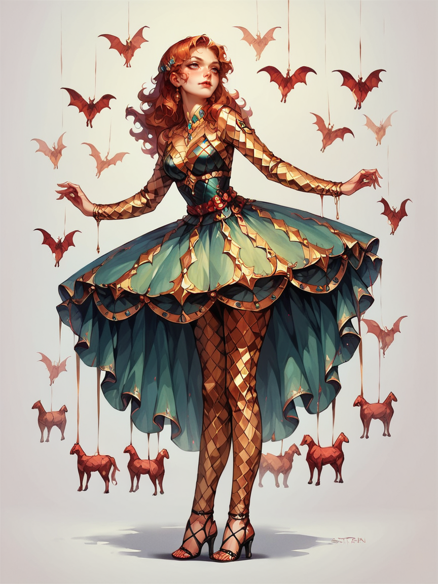 score_9, score_8_up, score_7_up, score_6_up,  <lora:c1rcusstyl3XLP:0.7> c1rcusstyl3, <lora:c1rcusXLP:0.6> c1rcus, dress, pants, high heels, 1girl